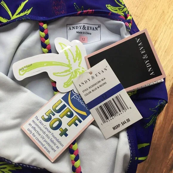 Andy & Evan Kids'‎ Palm Tree One-Piece Swimsuit Blue/ Neon 12 - Picture 3 of 3